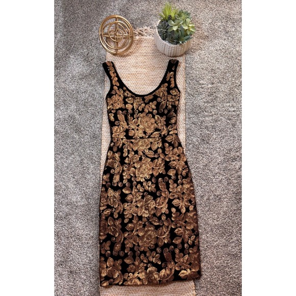 Tatyana Black Velvet Gold Sequin Floral Wiggle Dress Pinup Cocktail Womens Small - Picture 7 of 8